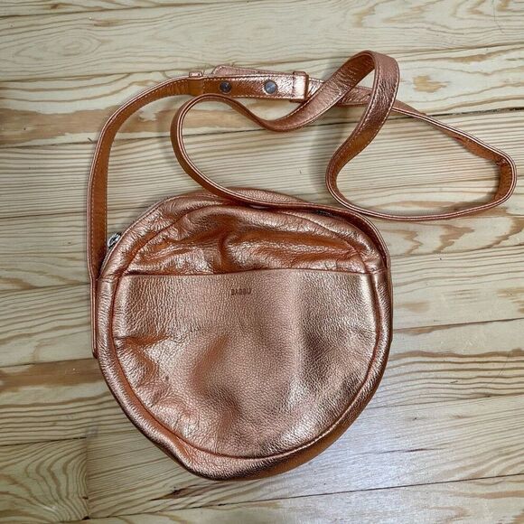 Baggu Anthropologie Delphine Leather Circle Bag Crossbody Purse Rose Gold - Picture 4 of 11